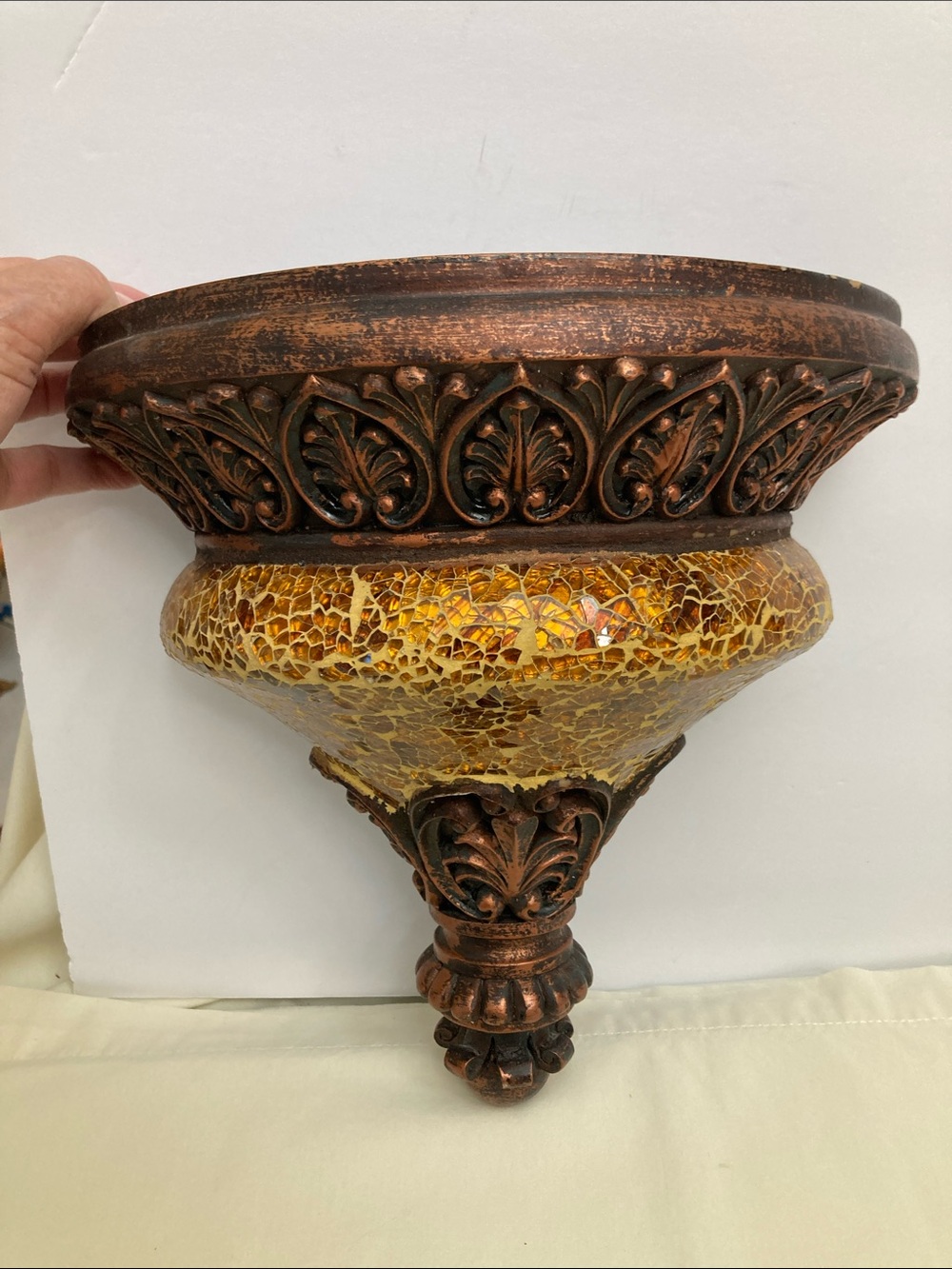 Amber Mosaic Wall Sconce Shelf Accent with Ornate Copper Finish